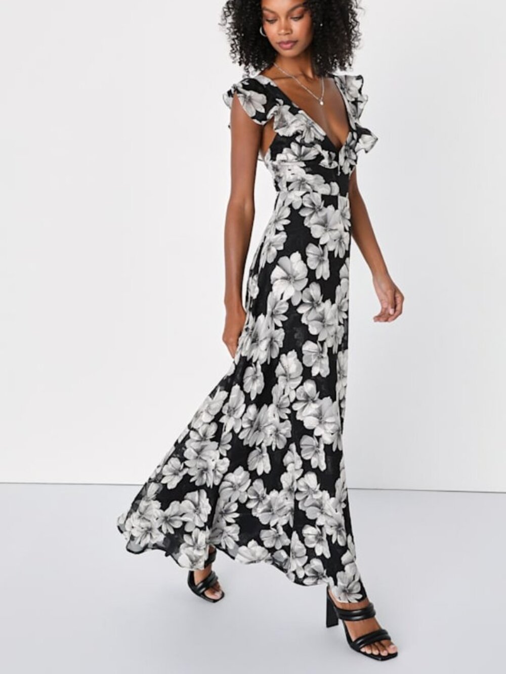 Lulus Flawless Poise Black Floral Jacquard Ruffled Maxi Dress - Size M